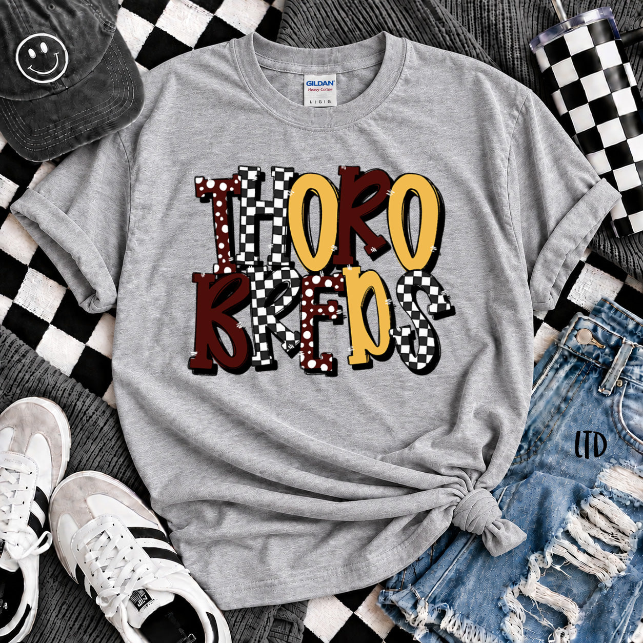 Dot Dot Check Mix Mascots Thorobreds Maroon Yellow Gold White design