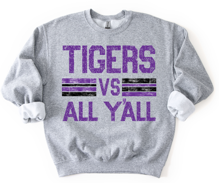TIGERS VS ALL YALL PUPRLE AND BLACK