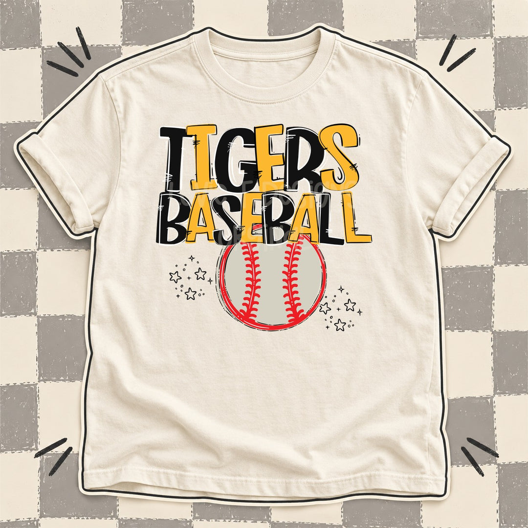 Tigers Black Yellow Gold Team Go Baseball Mascots DTF transfer mockup