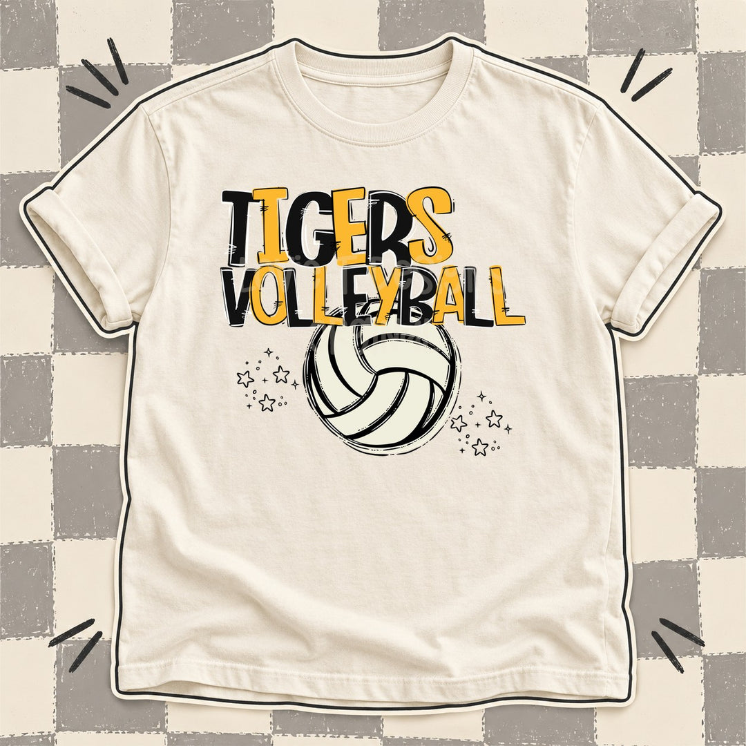 Tigers Black Yellow Gold Team Go Volleyball Mascots DTF transfer mockup