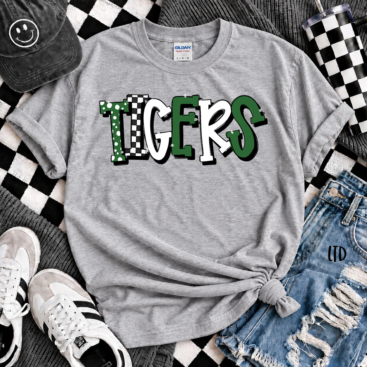 Dot Dot Check Mix Mascots Tigers Kelly Green Black design