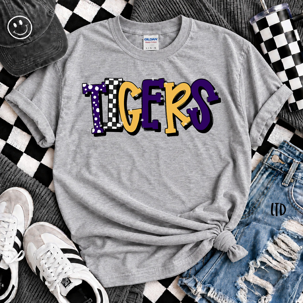 Dot Dot Check Mix Mascots Tigers Purple Yellow Gold design