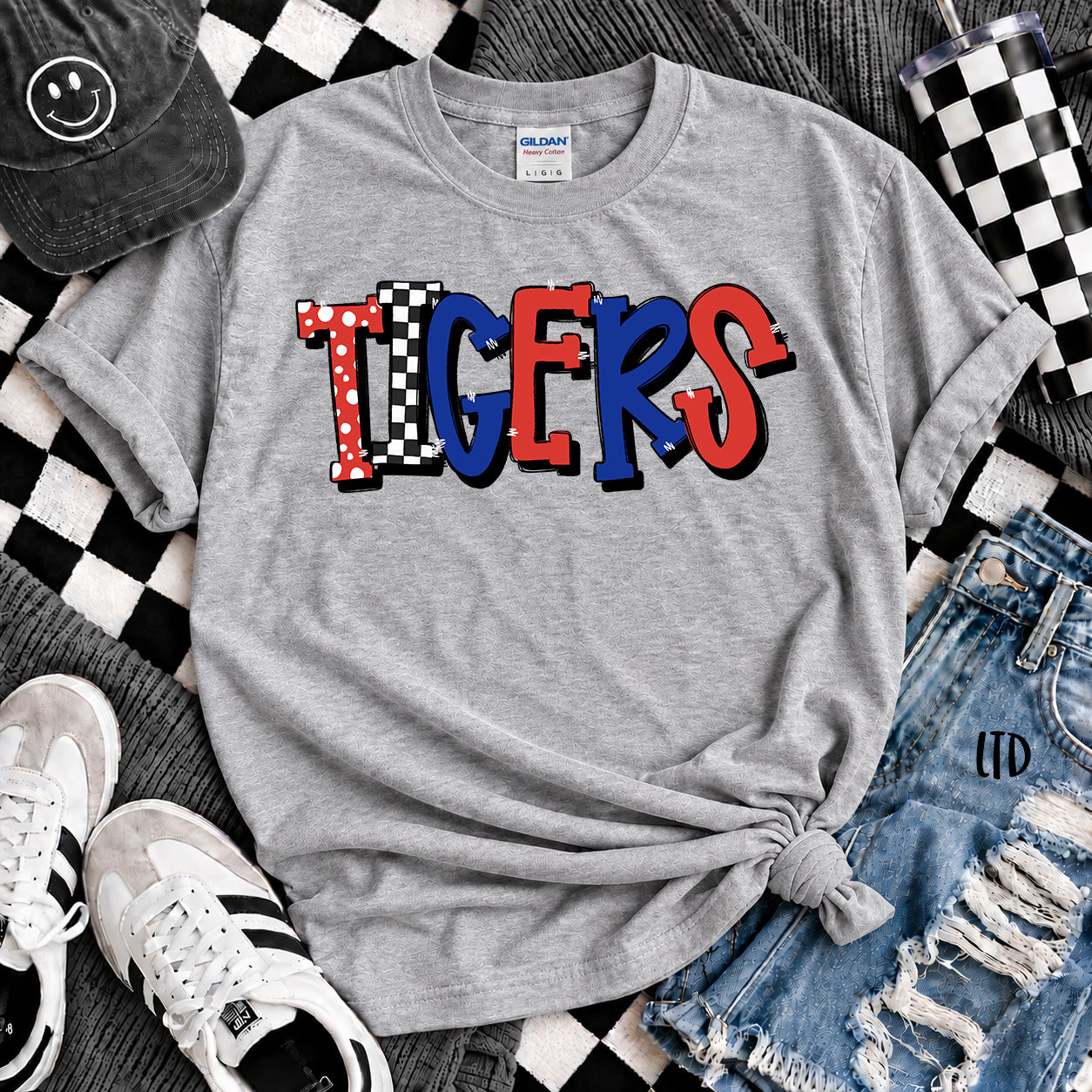 Dot Dot Check Mix Mascots Tigers Red White Royal Blue design
