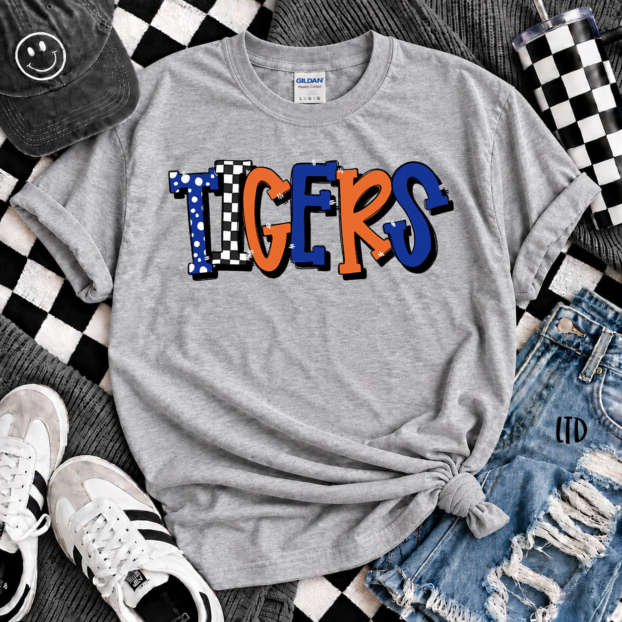 Dot Dot Check Mix Mascots Tigers Royal Blue Orange design
