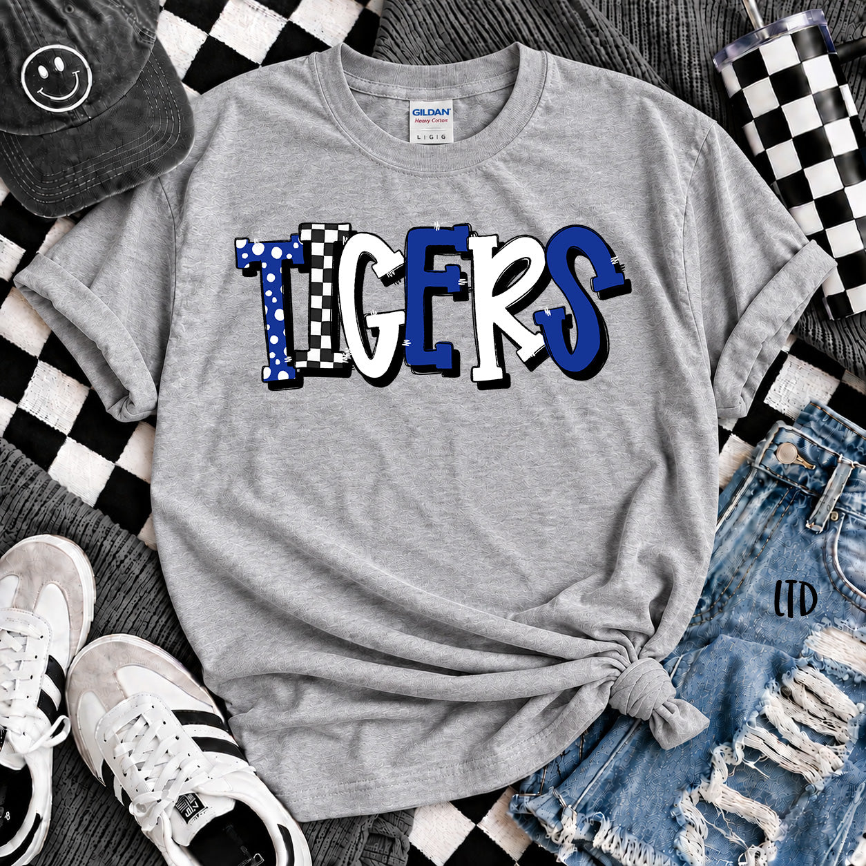 Dot Dot Check Mix Mascots Tigers Royal Blue White design
