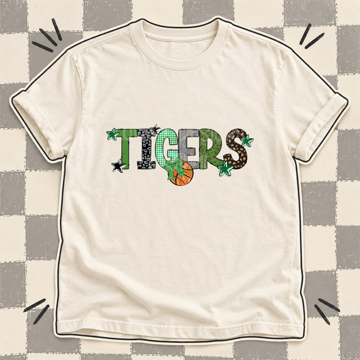 Tigers Green Black Mixed Doodle Basketball Mascots – Mascot Colors DTF transfer mockup