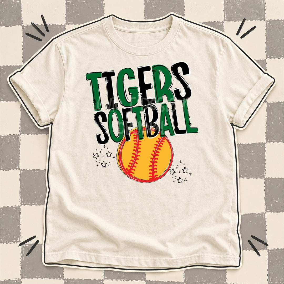Tigers Kelly Green Black Team Go Softball Mascots DTF transfer mockup