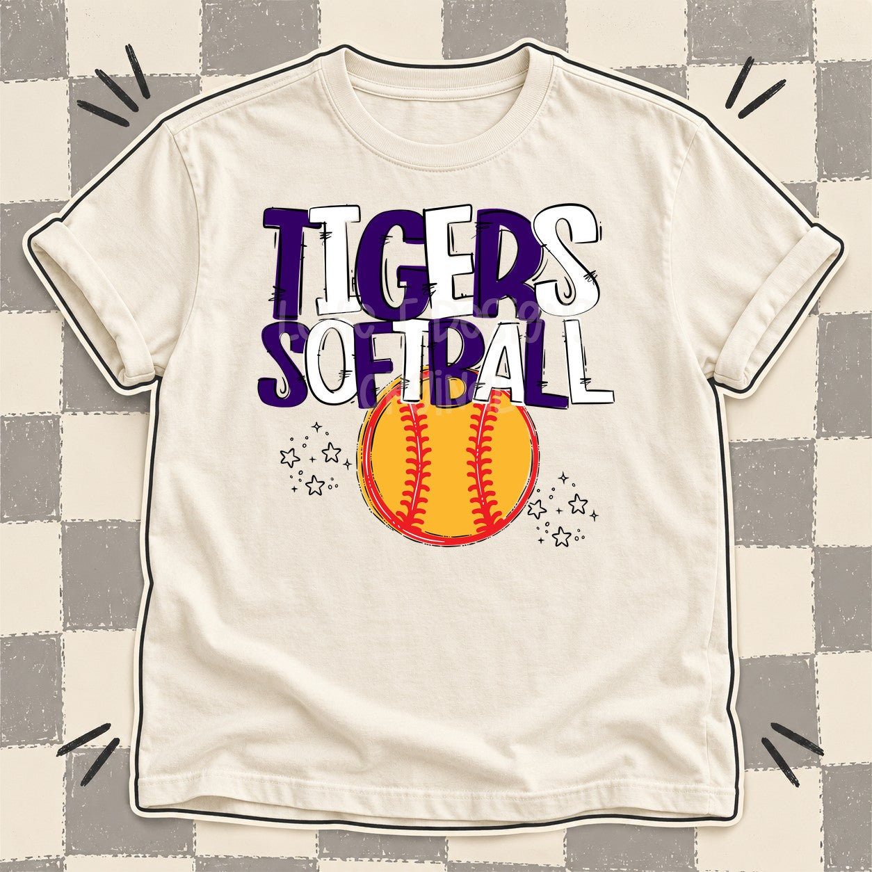 Team Go Softball Mascots Tigers Purple White design