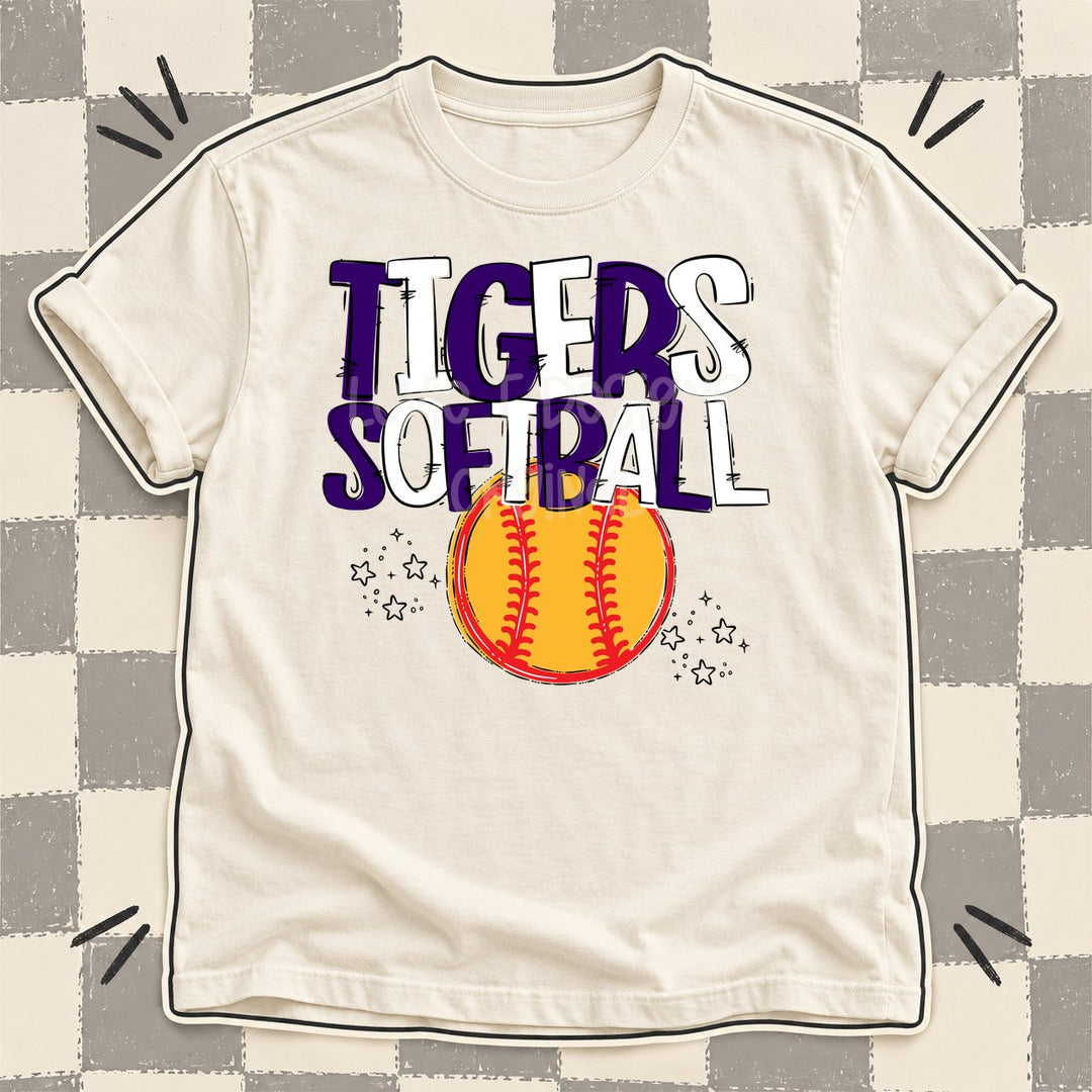 Tigers Purple White Team Go Softball Mascots DTF transfer mockup