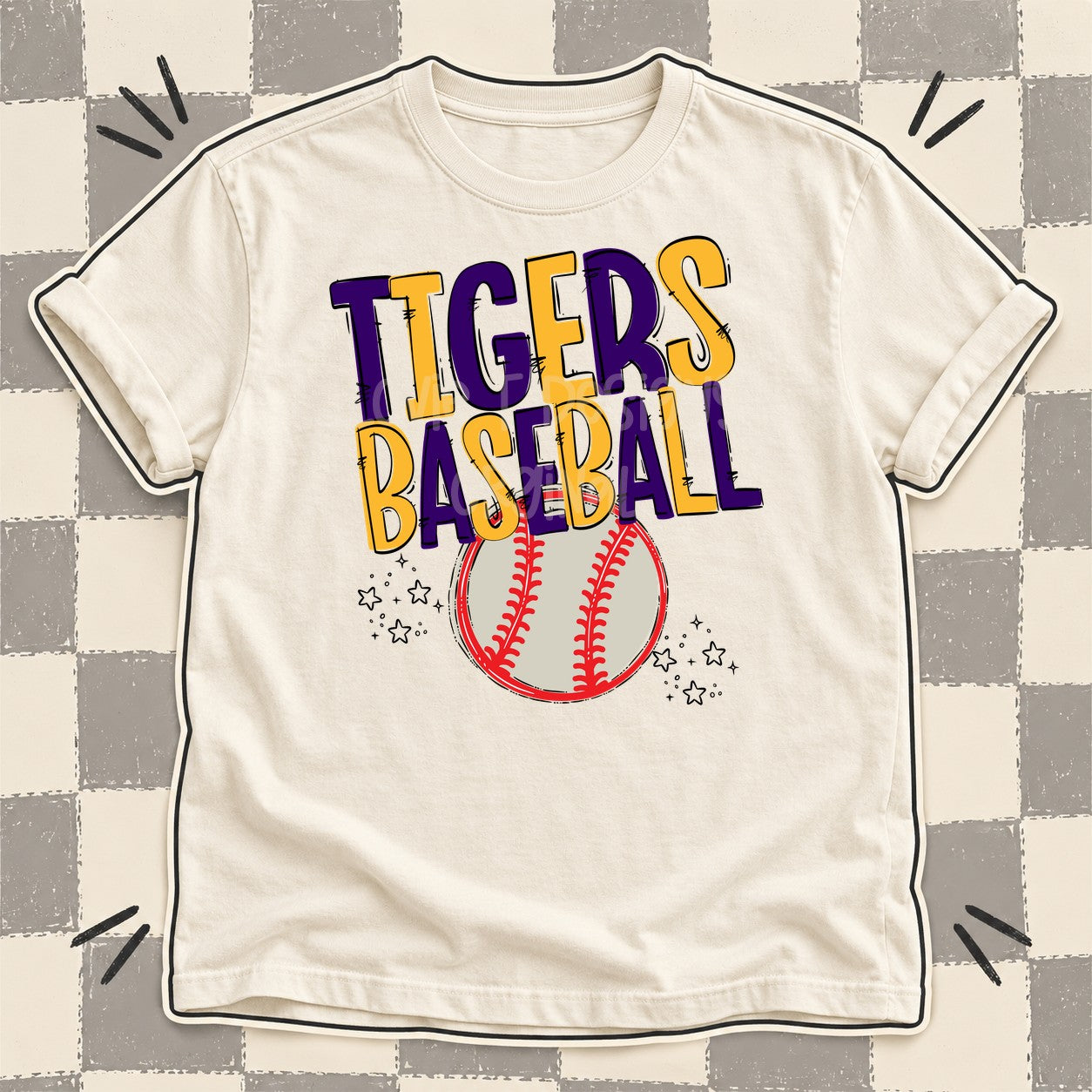 Team Go Baseball Mascots Tigers Purple Yellow Gold design