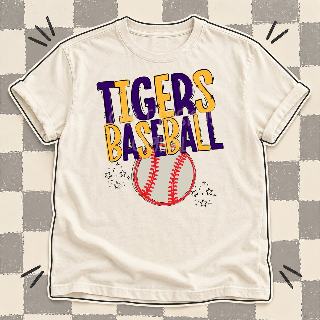 Tigers Purple Yellow Gold Team Go Baseball Mascots DTF transfer mockup