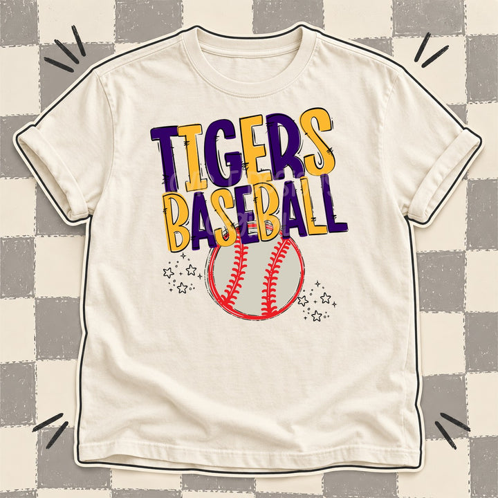 Tigers Purple Yellow Gold Team Go Baseball Mascots DTF transfer mockup