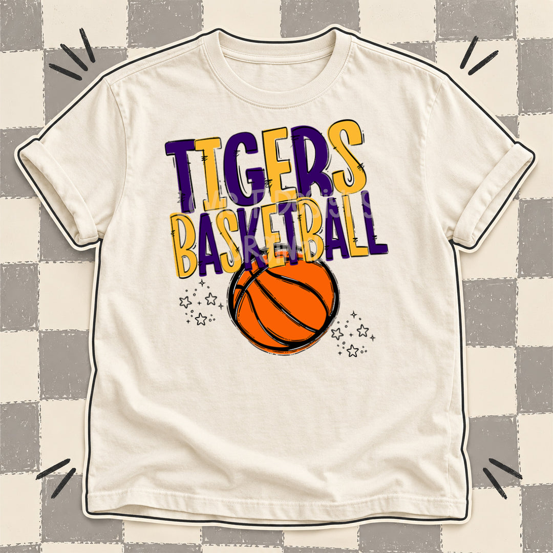Tigers Purple Yellow Gold Team Go Basketball Mascots DTF transfer