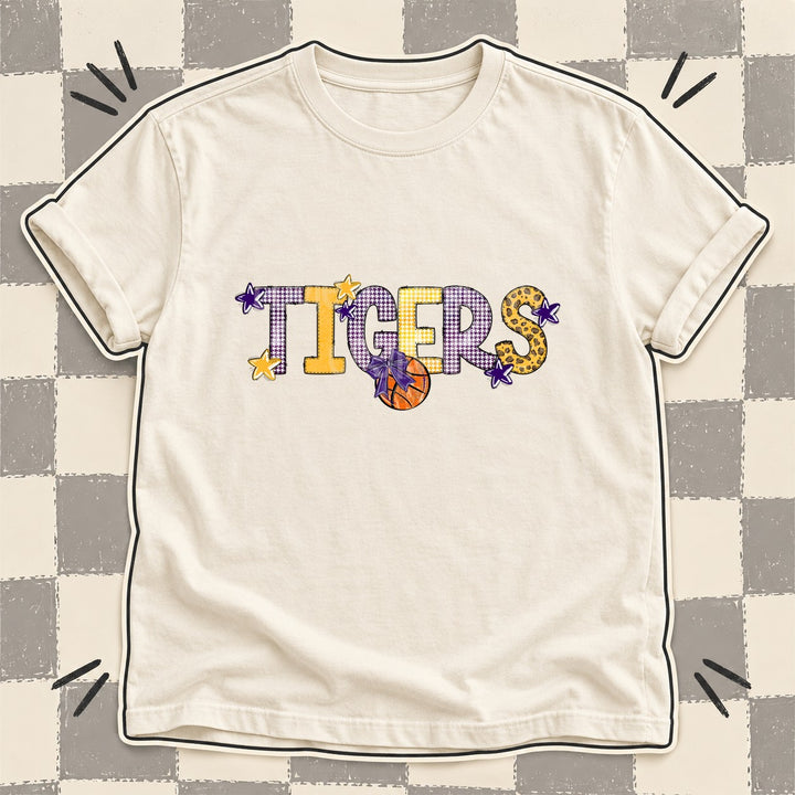 Tigers Purple Yellow Gold Mixed Doodle Basketball Mascots – Mascot Colors DTF transfer mockup
