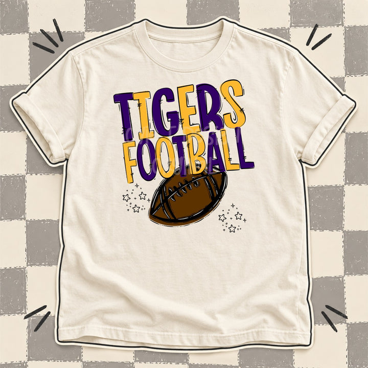 Tigers Purple Yellow Gold Team Go Football Mascots DTF transfer mockup
