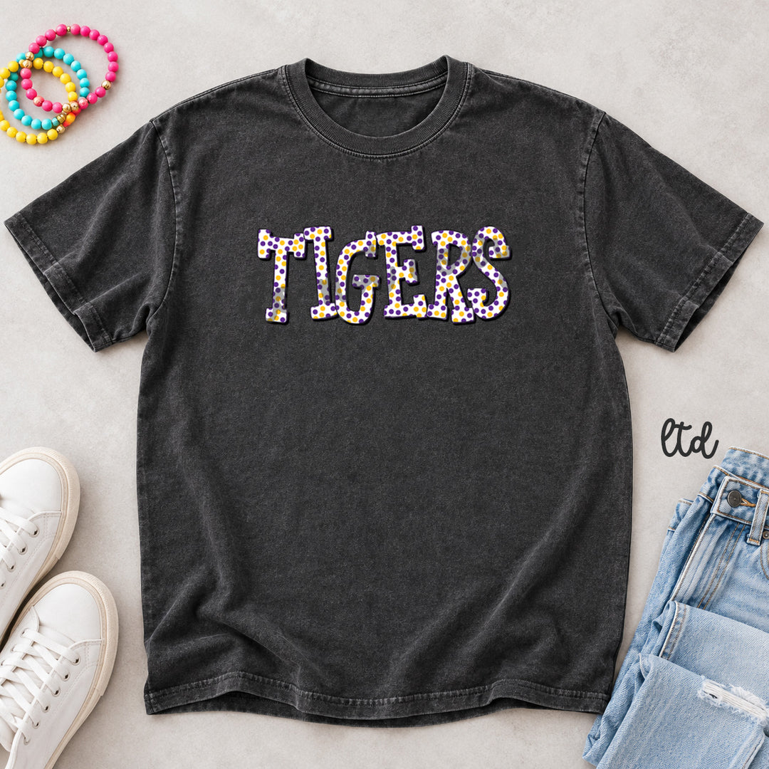 Tigers Purple Yellow Gold Polka Dot Mascots DTF transfer mockup