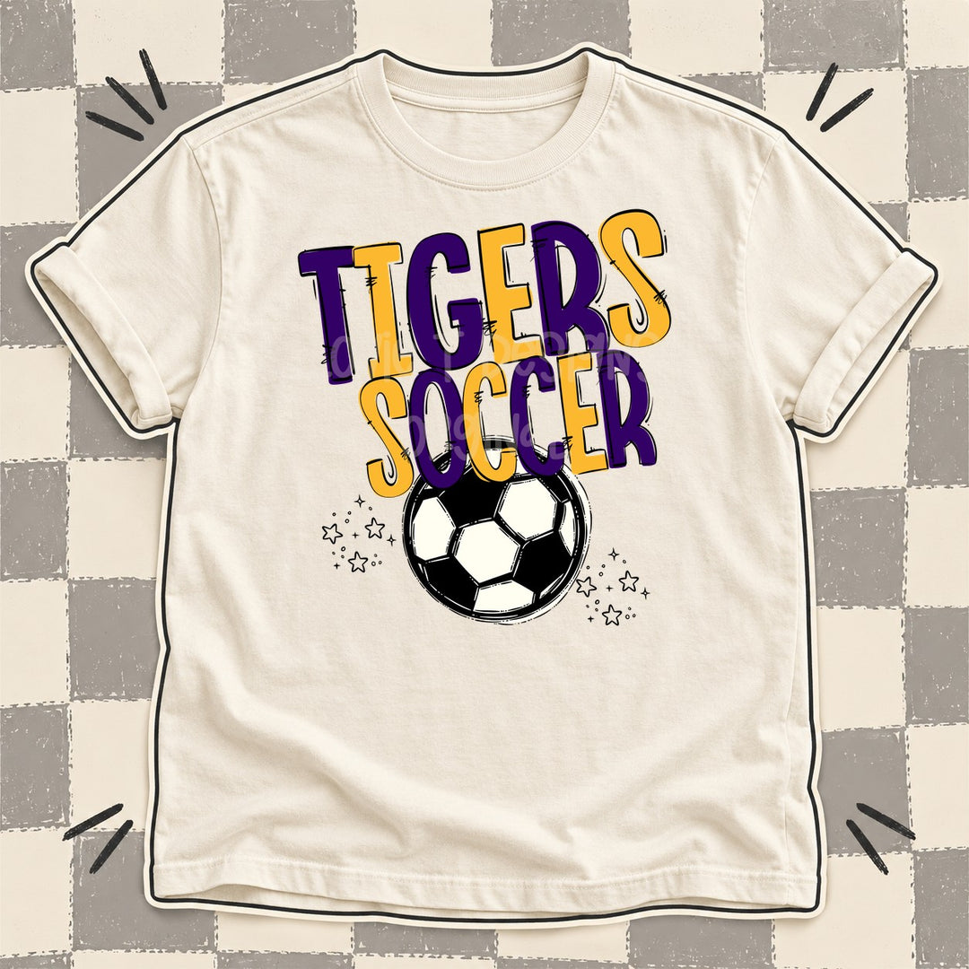 Tigers Purple Yellow Gold Team Go Soccer Mascots DTF transfer mockup