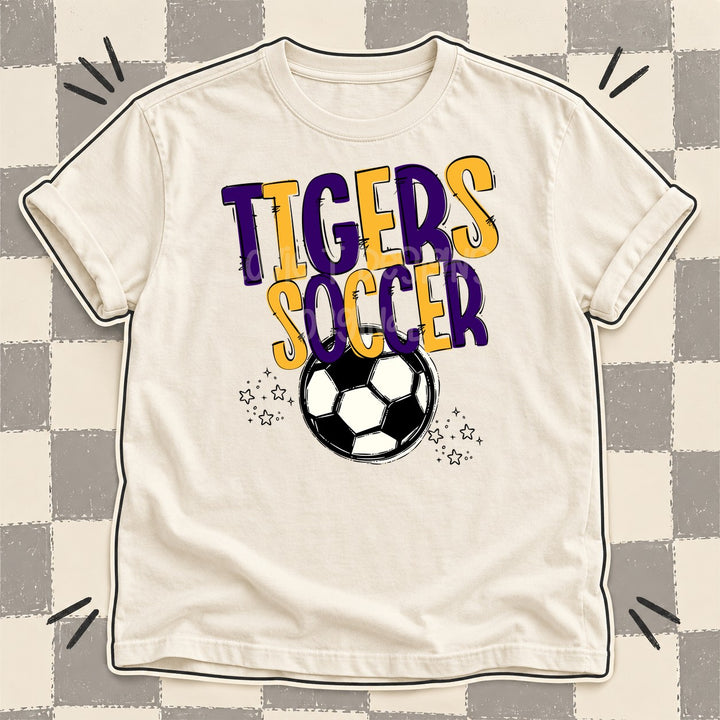 Tigers Purple Yellow Gold Team Go Soccer Mascots DTF transfer mockup