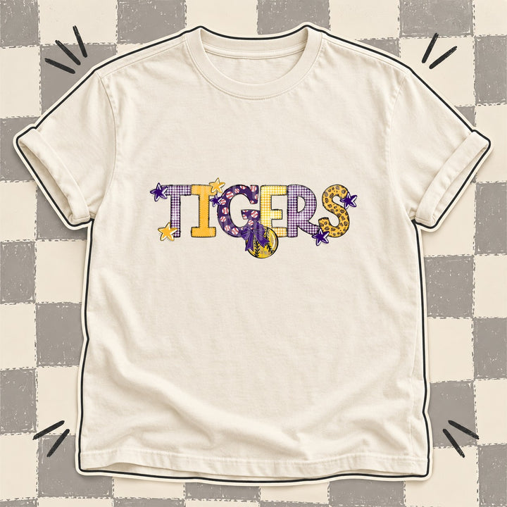 Tigers Purple Yellow Gold Mixed Doodle Softball Mascots – Mascot Colors DTF transfer mockup
