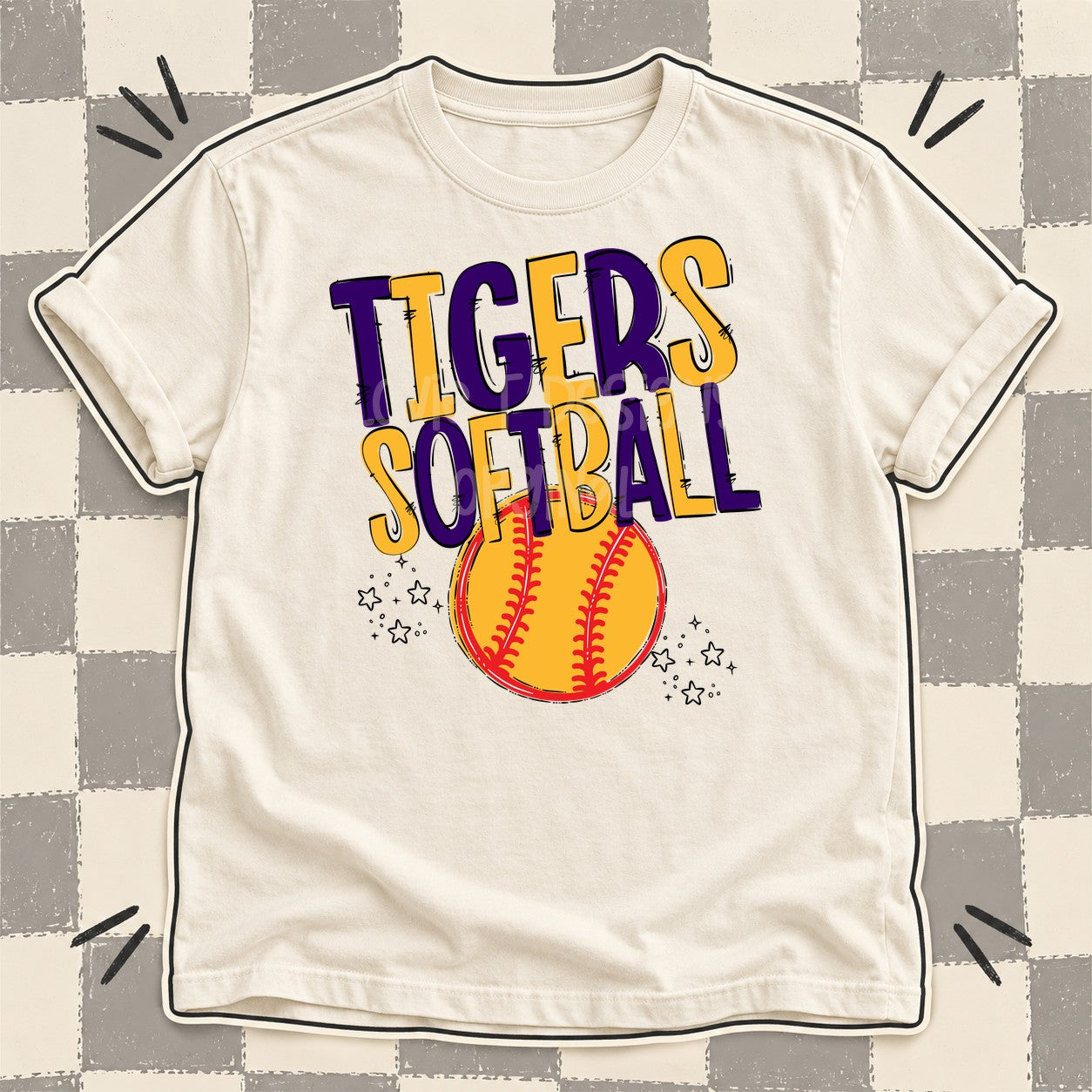 Team Go Softball Mascots Tigers Purple Yellow Gold design