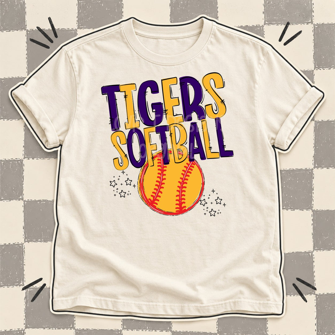Tigers Purple Yellow Gold Team Go Softball Mascots DTF transfer mockup