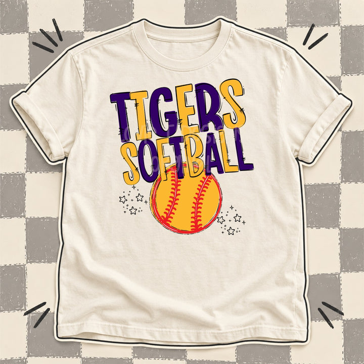 Tigers Purple Yellow Gold Team Go Softball Mascots DTF transfer mockup