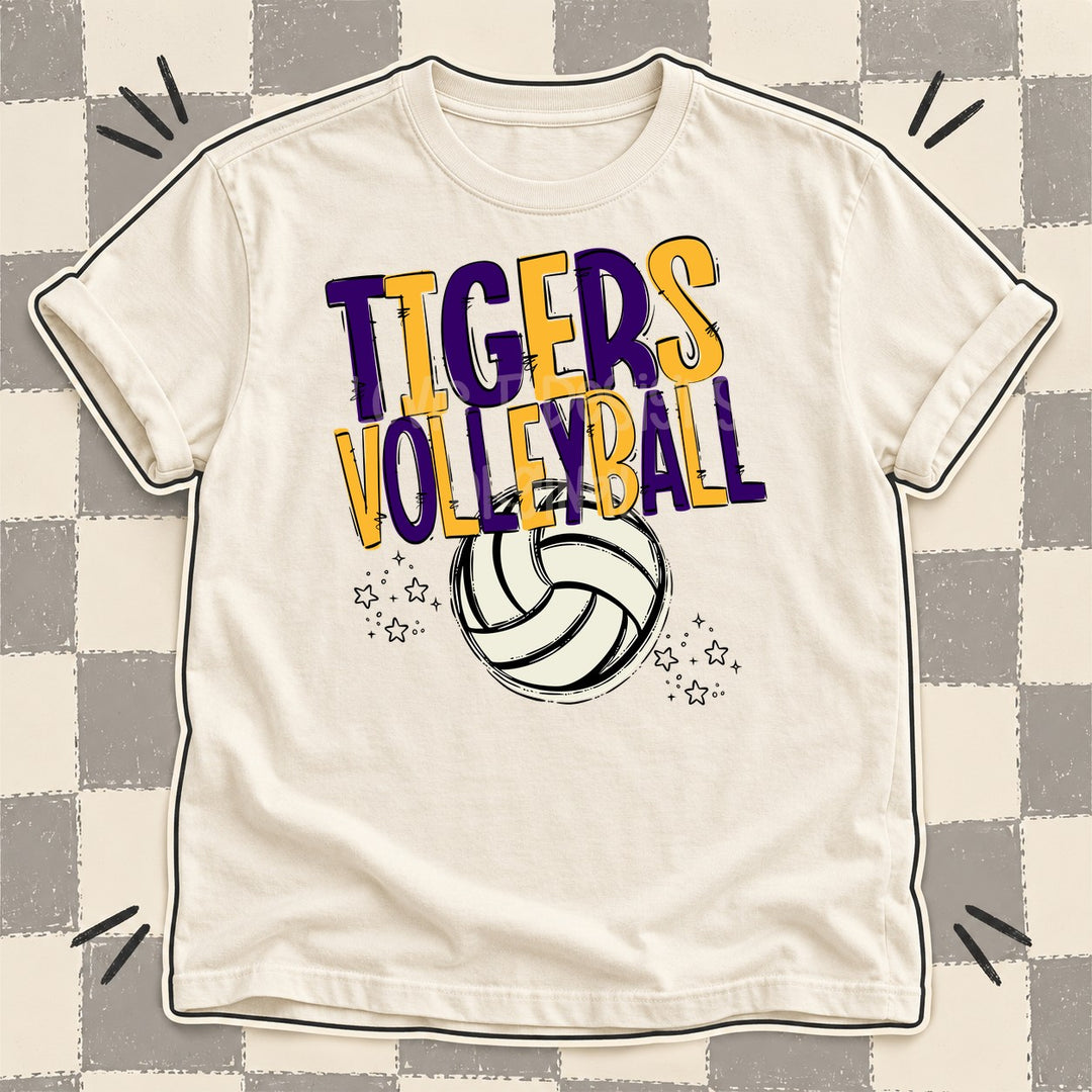 Tigers Purple Yellow Gold Team Go Volleyball Mascots DTF transfer mockup
