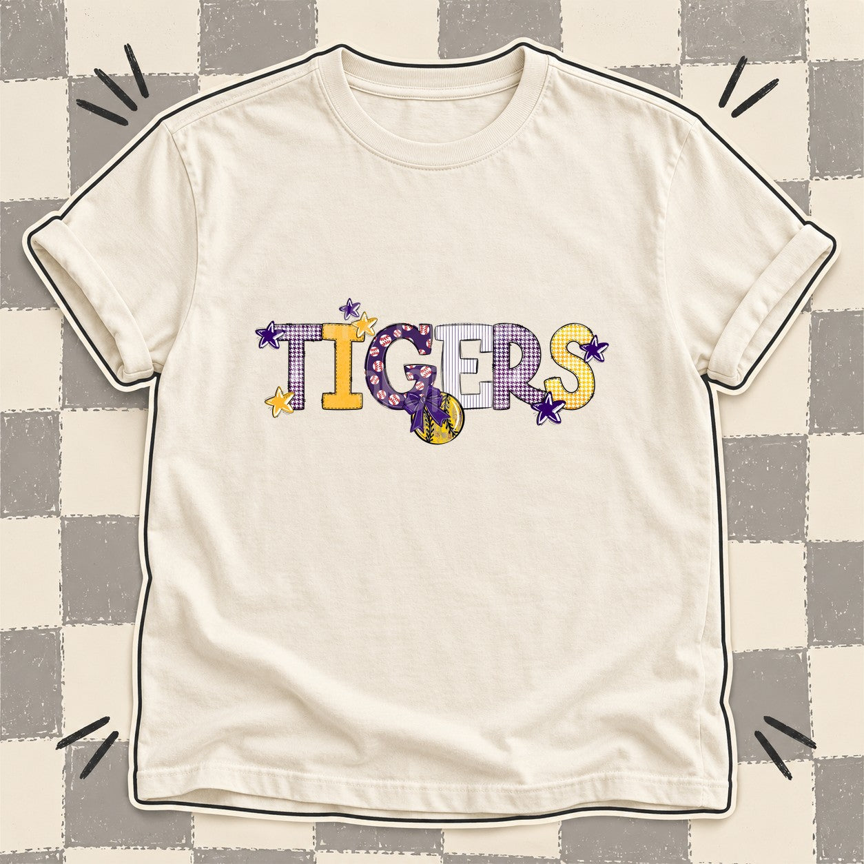 Mixed Doodle Softball Mascots – Mascot Colors Tigers Purple Yellow Gold White design