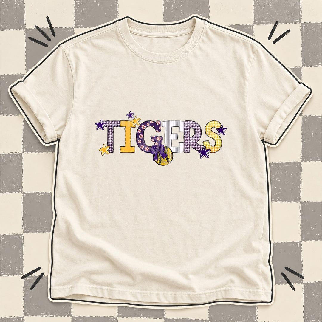 Tigers Purple Yellow Gold White Mixed Doodle Softball Mascots – Mascot Colors DTF transfer mockup