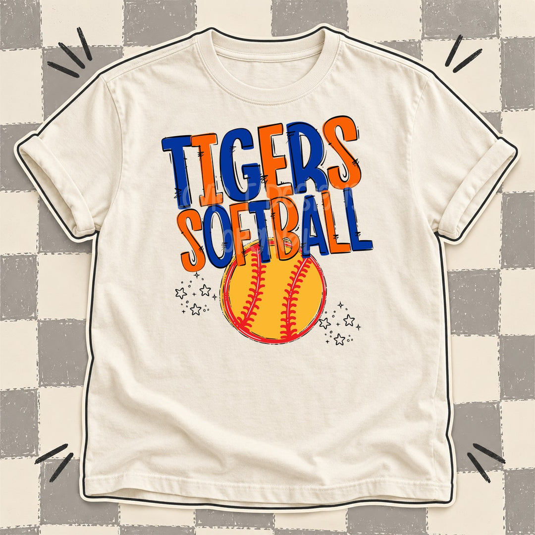 Tigers Royal Blue Orange Team Go Softball Mascots DTF transfer mockup