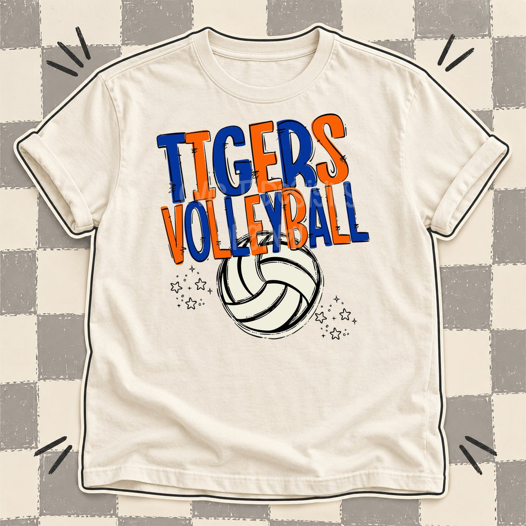Tigers Royal Blue Orange Team Go Volleyball Mascots DTF transfer mockup