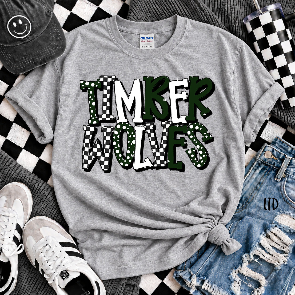 Dot Dot Check Mix Mascots Timberwolves Dark Green White design