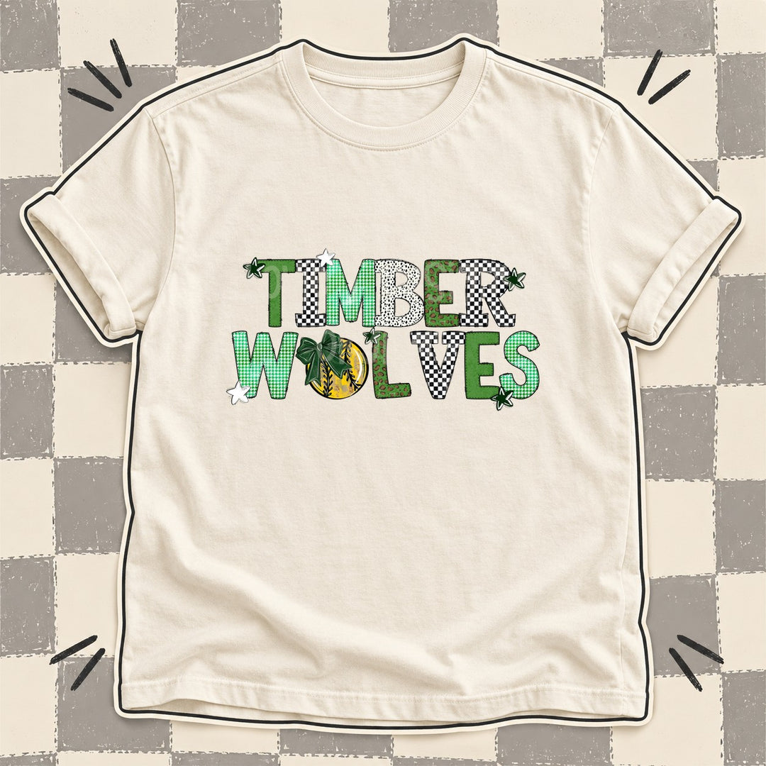 Timberwolves Dark Green White Mixed Doodle Softball Mascots – Mascot Colors DTF transfer mockup