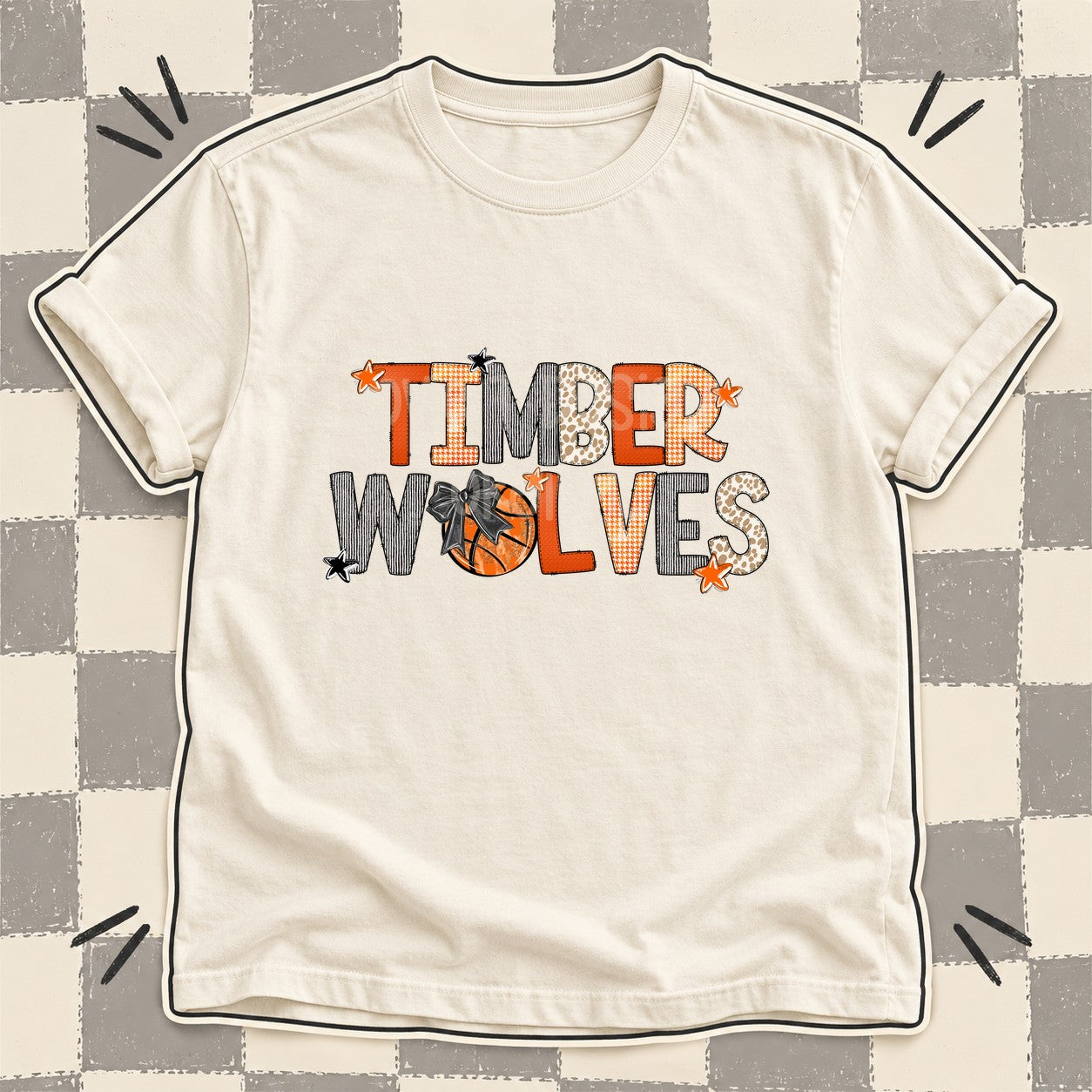 Mixed Doodle Basketball Mascots – Hoops Houndstooth Timberwolves design