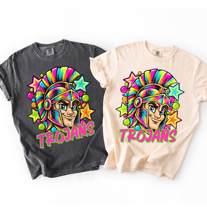 Trojans Neon Starstruck mascot DTF transfer