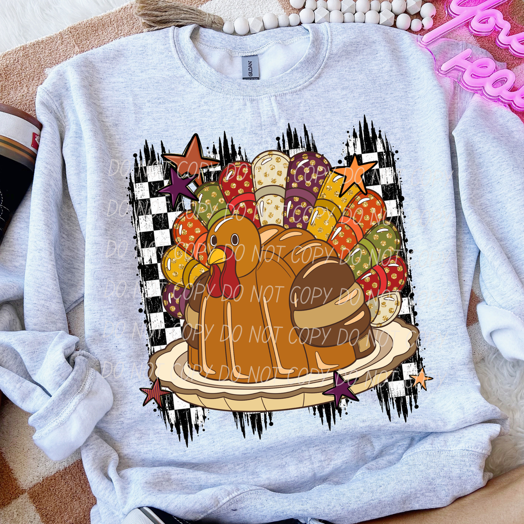 Turkey Thanksgiving DTF transfer shown on apparel