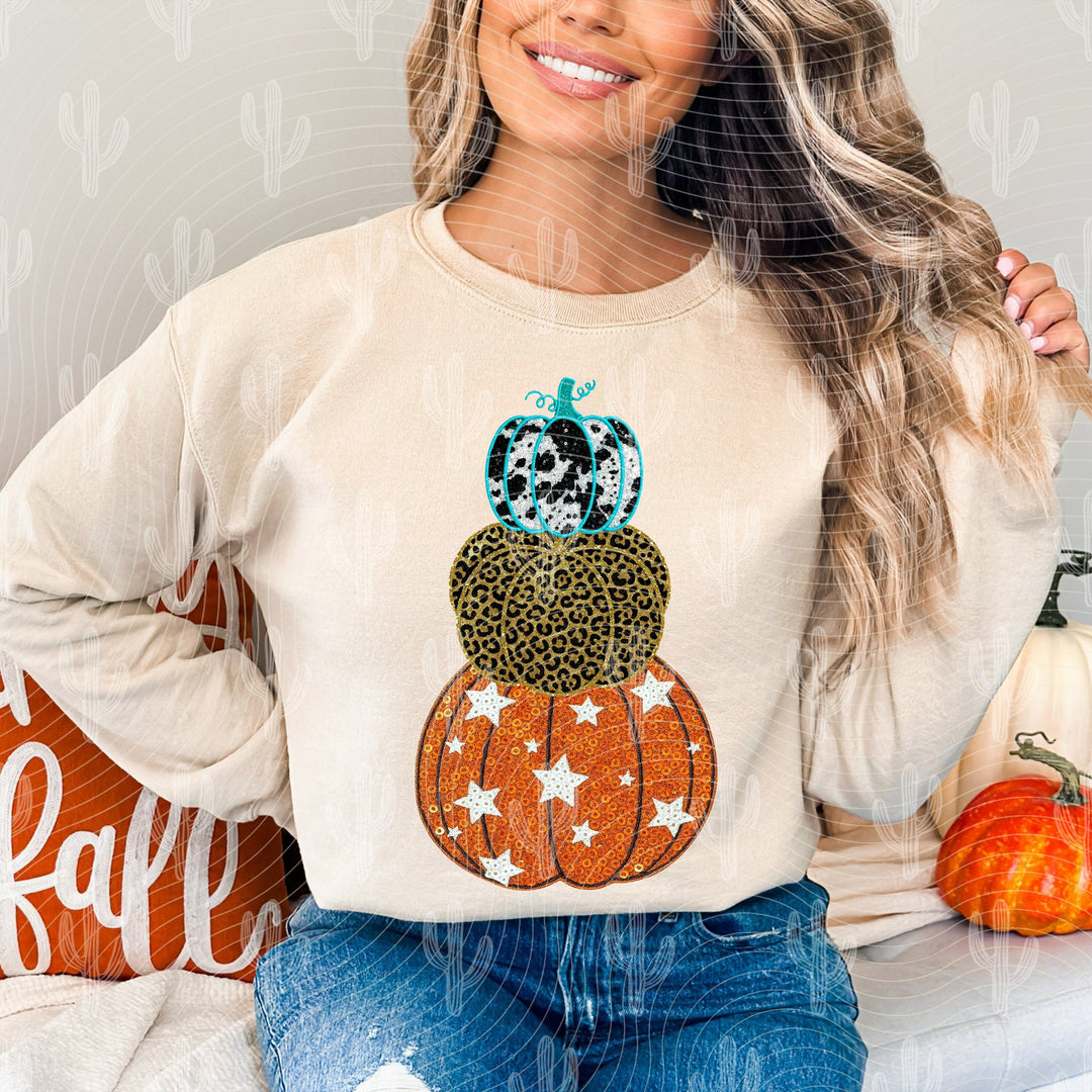 TURQUOISE PREPPY PUMPKINS FAUX EMBROIDERY