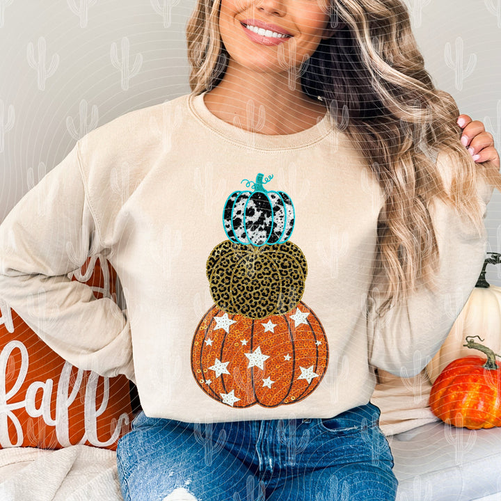 TURQUOISE PREPPY PUMPKINS FAUX EMBROIDERY