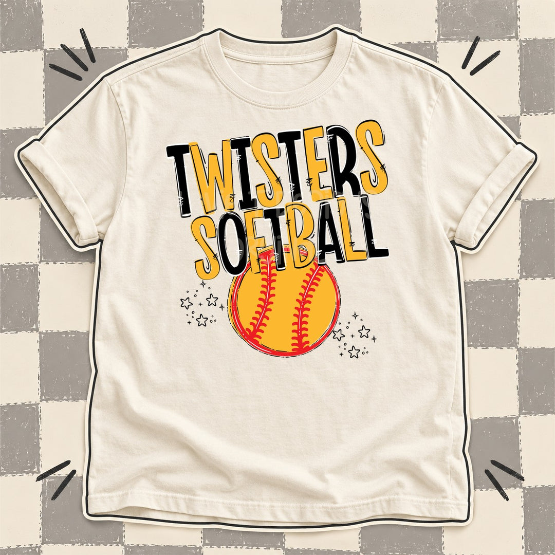 Twisters Black Yellow Gold Team Go Softball Mascots DTF transfer mockup