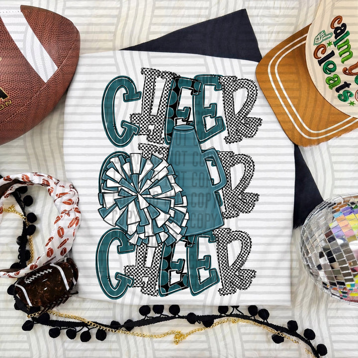Teal Tri Stacked Cheer DTF transfer on a white tee