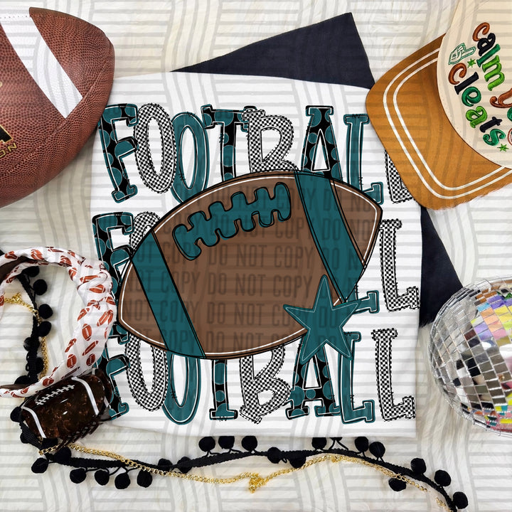 Teal Tri Stacked Football DTF transfer on a white tee