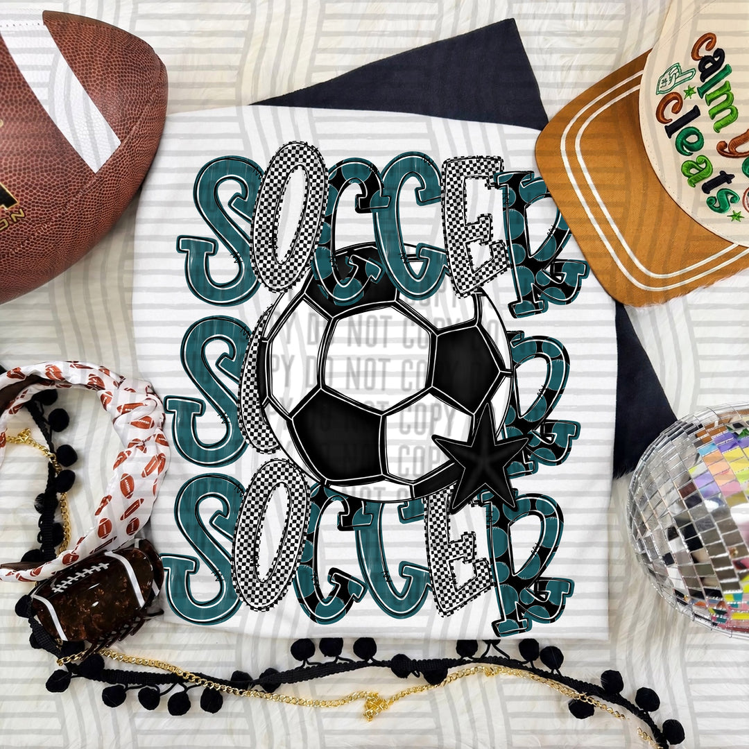 Teal Tri Stacked Soccer DTF transfer on a white tee