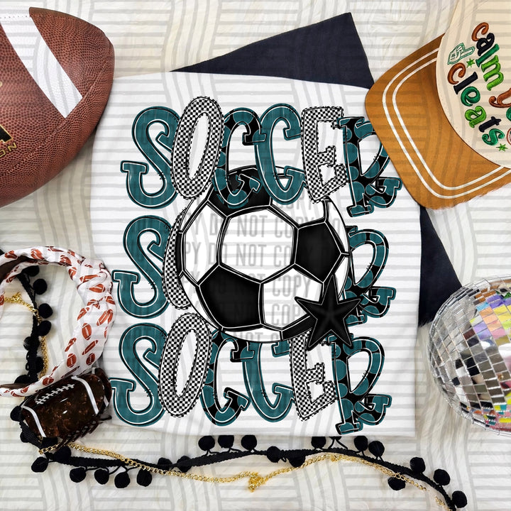 Teal Tri Stacked Soccer DTF transfer on a white tee