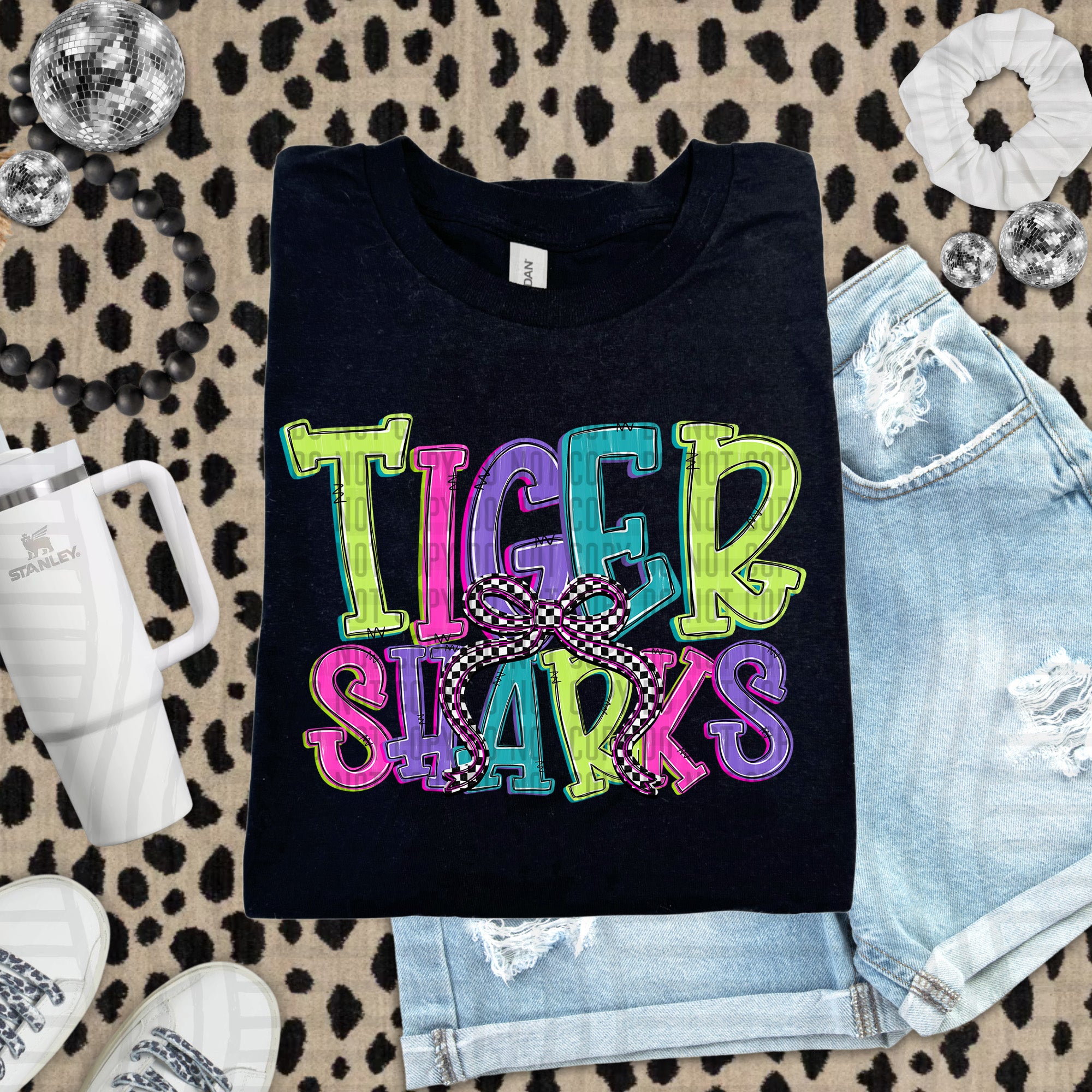 Checker Neons Stacked Mascots Tiger Sharks design
