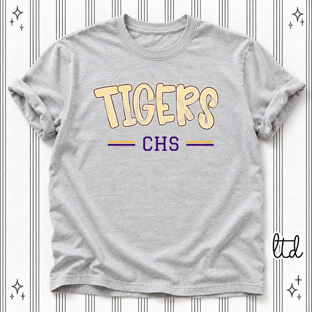 Tigers CHS Purple Yellow Gold Gingham School Spirit DTF transfer
