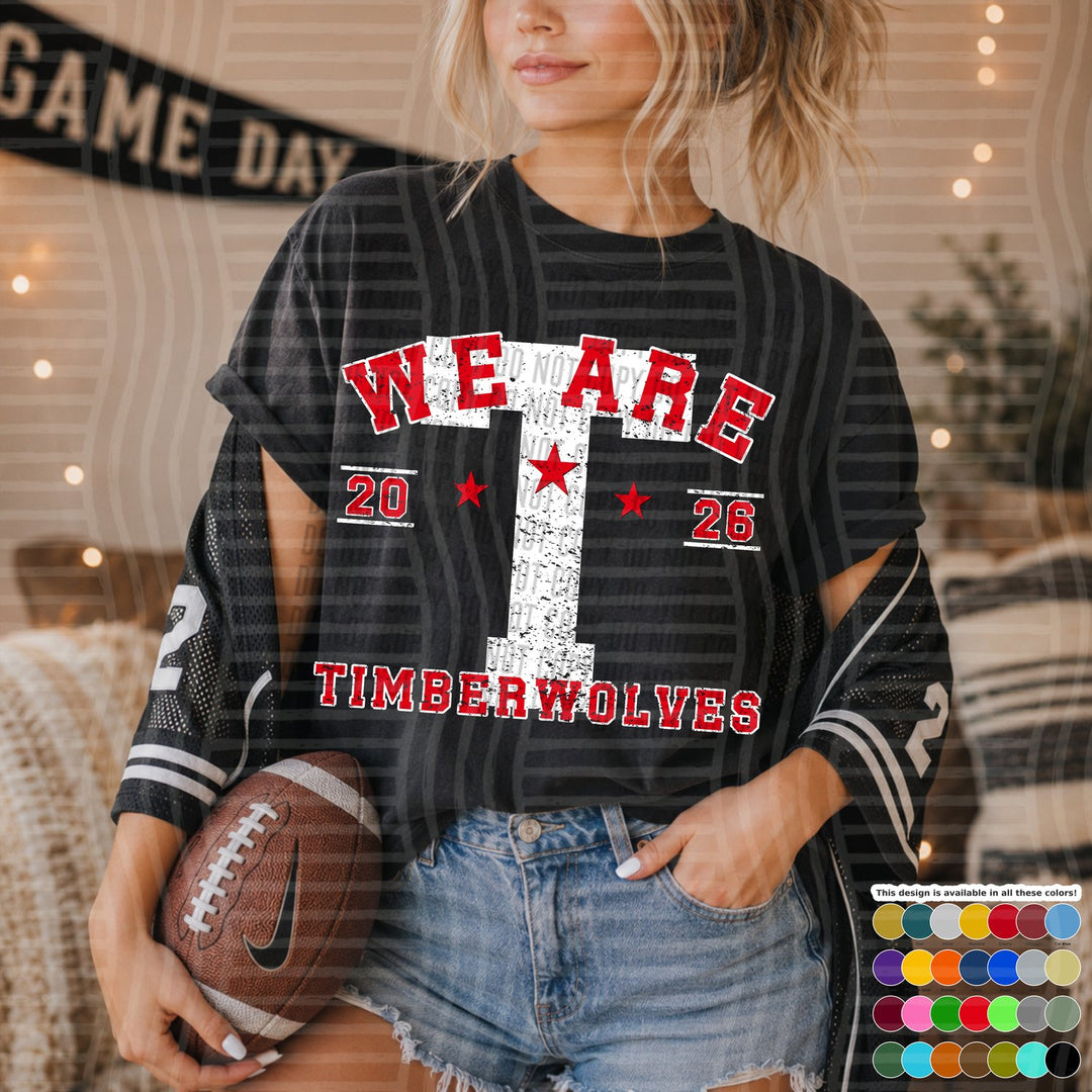 Timberwolves Varsity Initials White Outline Mascots DTF transfer