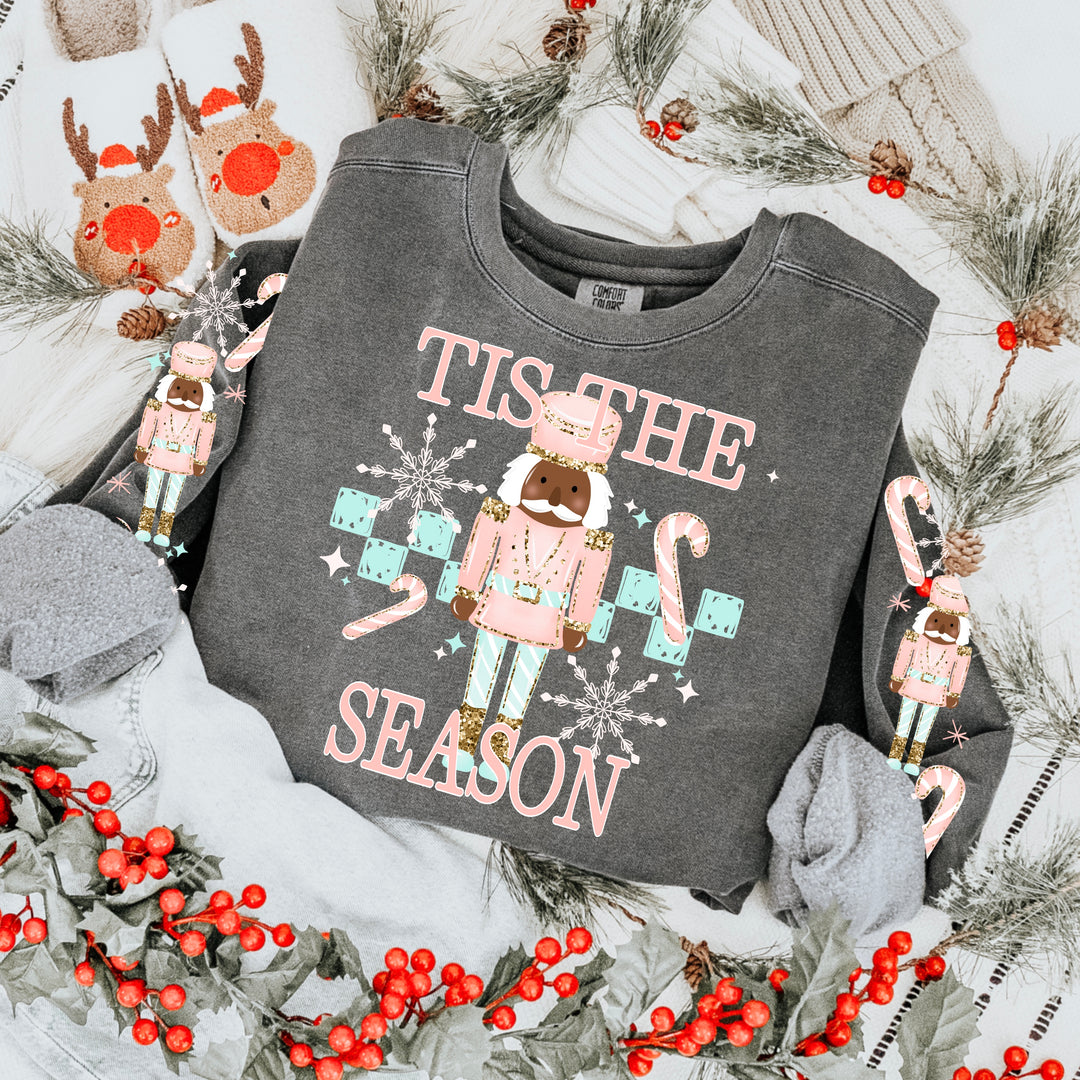 Tis the Season Pink Nutcracker (Dark Skin Tone) front and sleeve DTF transfers – mockup