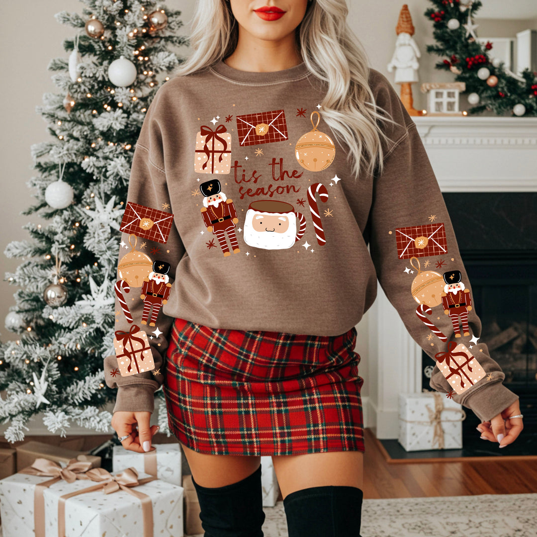 Tis the Season Nutcracker Collage (Light Skin Tone) front and sleeve DTF transfers – mockup