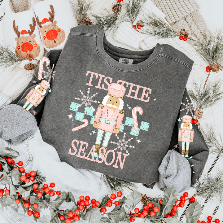 Tis the Season Pink Nutcracker (Light Skin Tone) front and sleeve DTF transfers – mockup