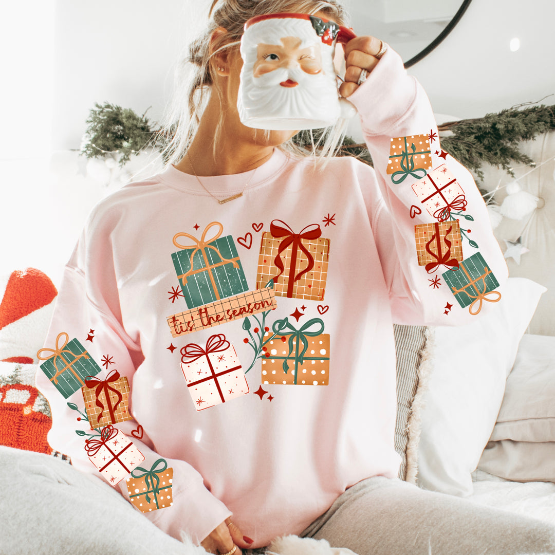 Tis the Season Gifts front and sleeve DTF transfers – mockup